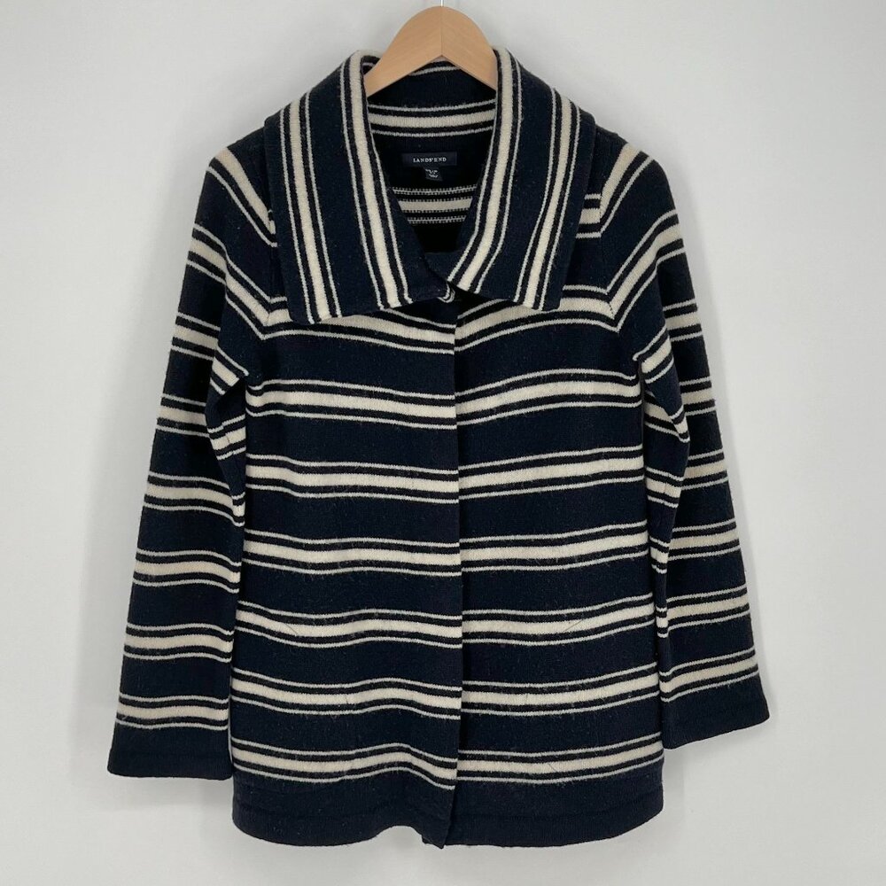 Lands End Womens Lambswool Snap Front Cardigan Sweater Jacket Size XS Navy Ivory